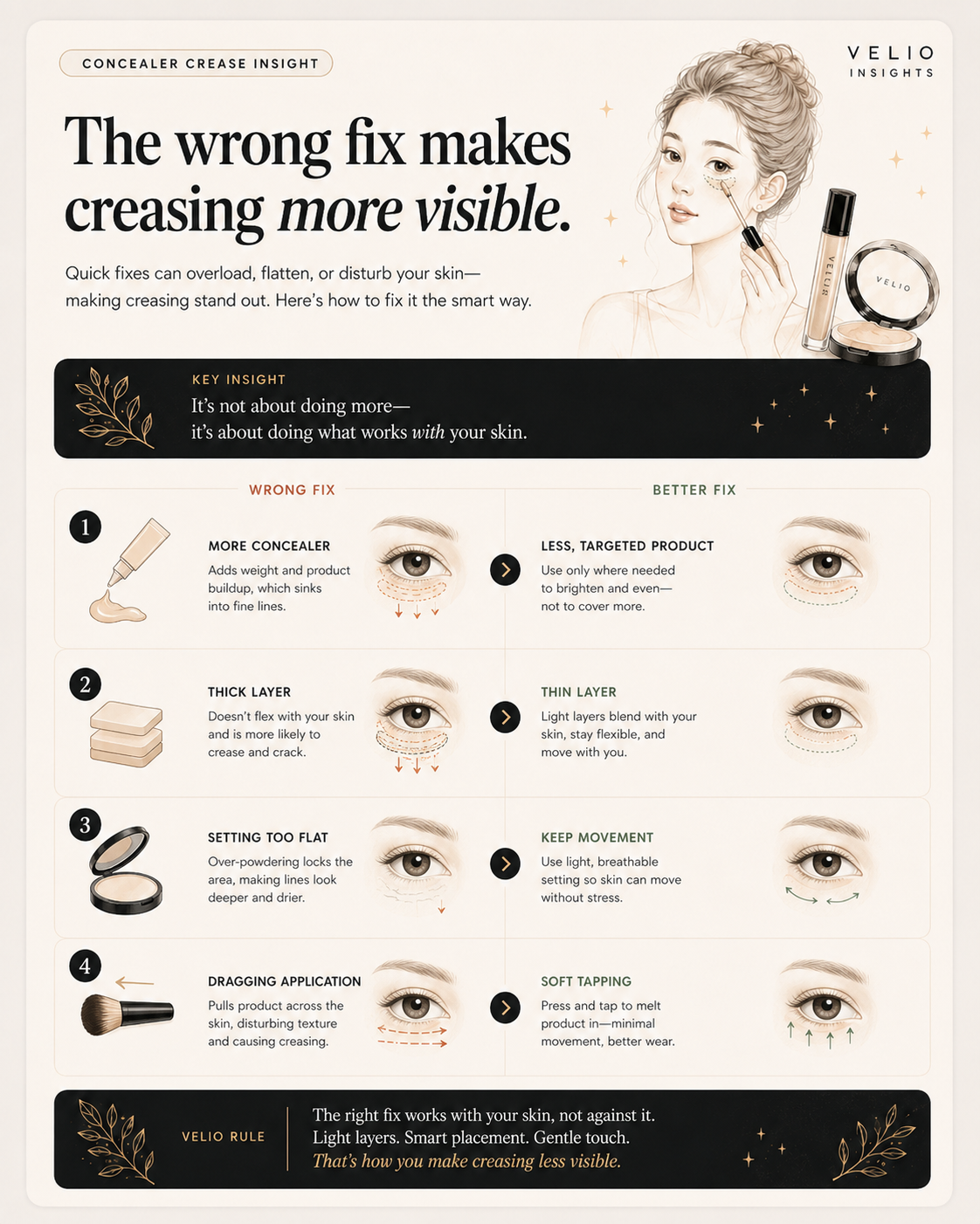 Beauty editorial guide comparing wrong under-eye crease fixes with better lighter flexible techniques.