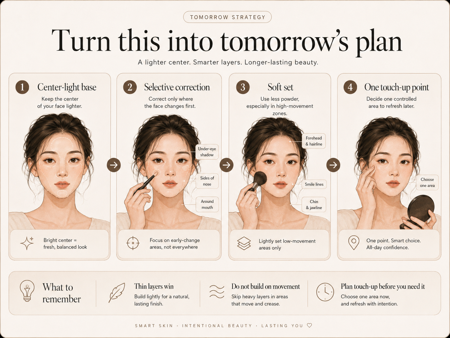 Tomorrow makeup plan showing center-light base, selective correction, soft set, and one touch-up point.
