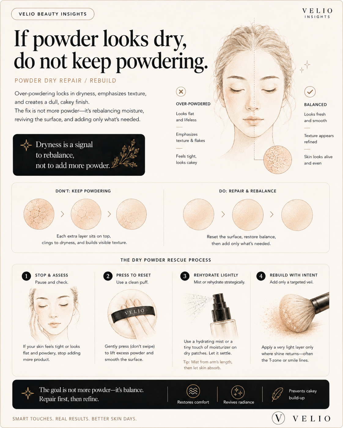 Dry powder repair guide showing stop, reset, rehydrate, and rebuild steps.