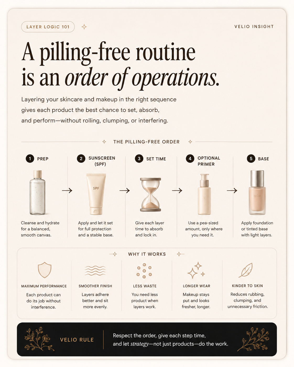 VELIO sunscreen pilling guide showing the correct order of operations for SPF, primer, foundation, and setting.