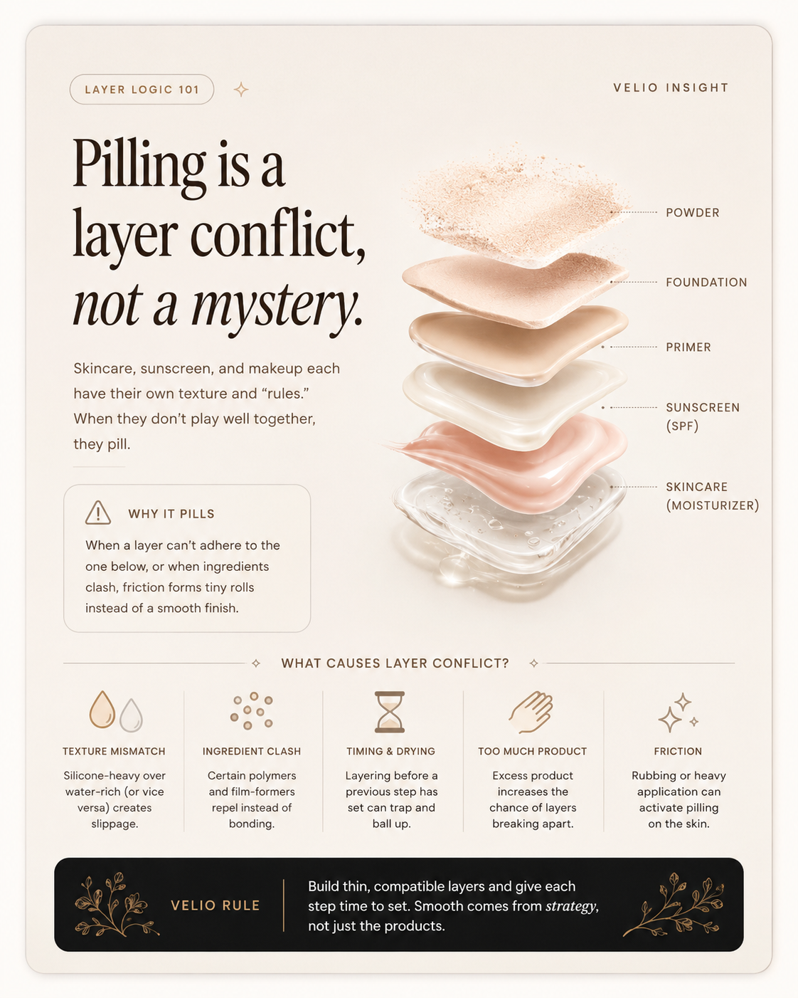 VELIO sunscreen pilling guide explaining layer conflict between skincare, SPF, primer, foundation, and powder.