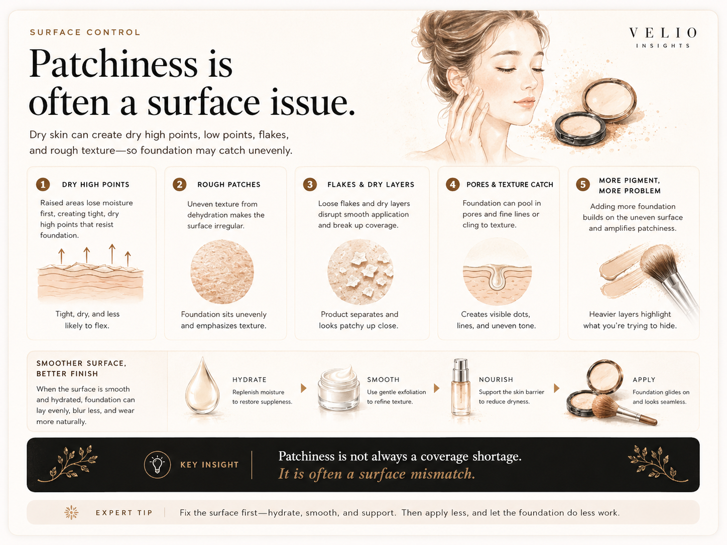 Visual board explaining dry texture, flakes, low spots, light reflection, and uneven foundation.