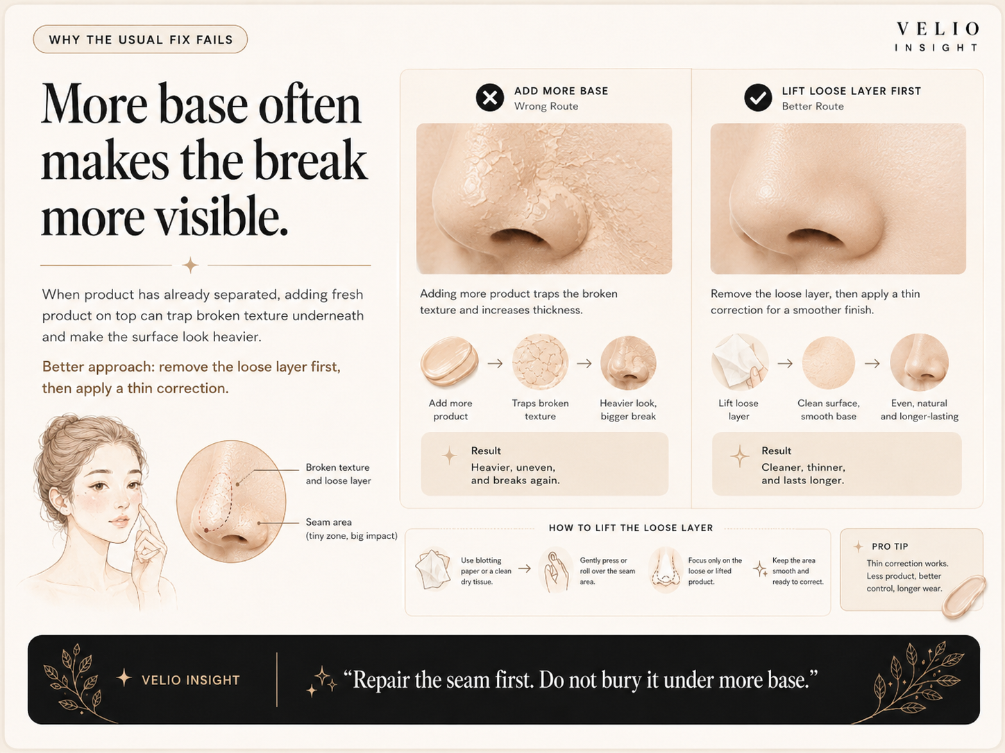 Comparison guide showing why rubbing and adding more base fails and why lifting and micro-correcting works better.