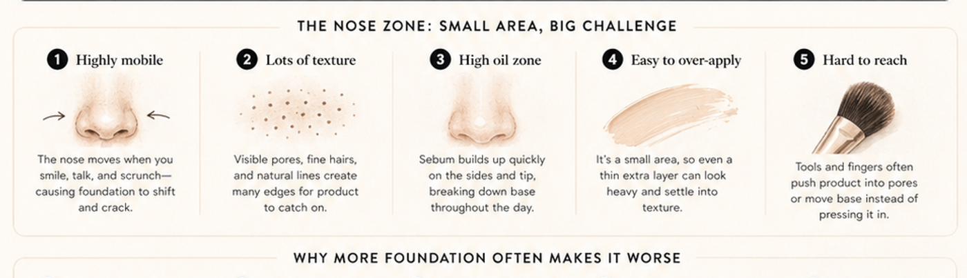 Visual guide showing the nose-zone seam, the separation-prone area, and the thin-layer logic.