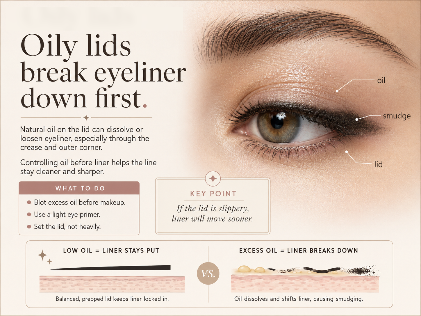 Visual guide showing oily lids breaking down eyeliner and causing smudging.