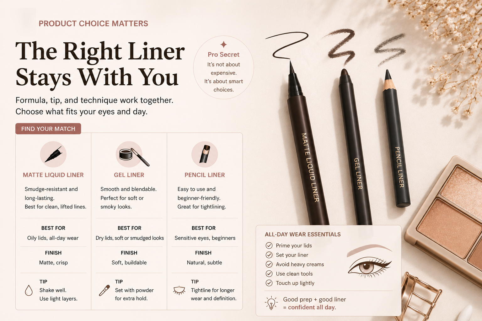 Guide comparing matte liquid liner, gel liner, and pencil liner for different eye makeup needs.