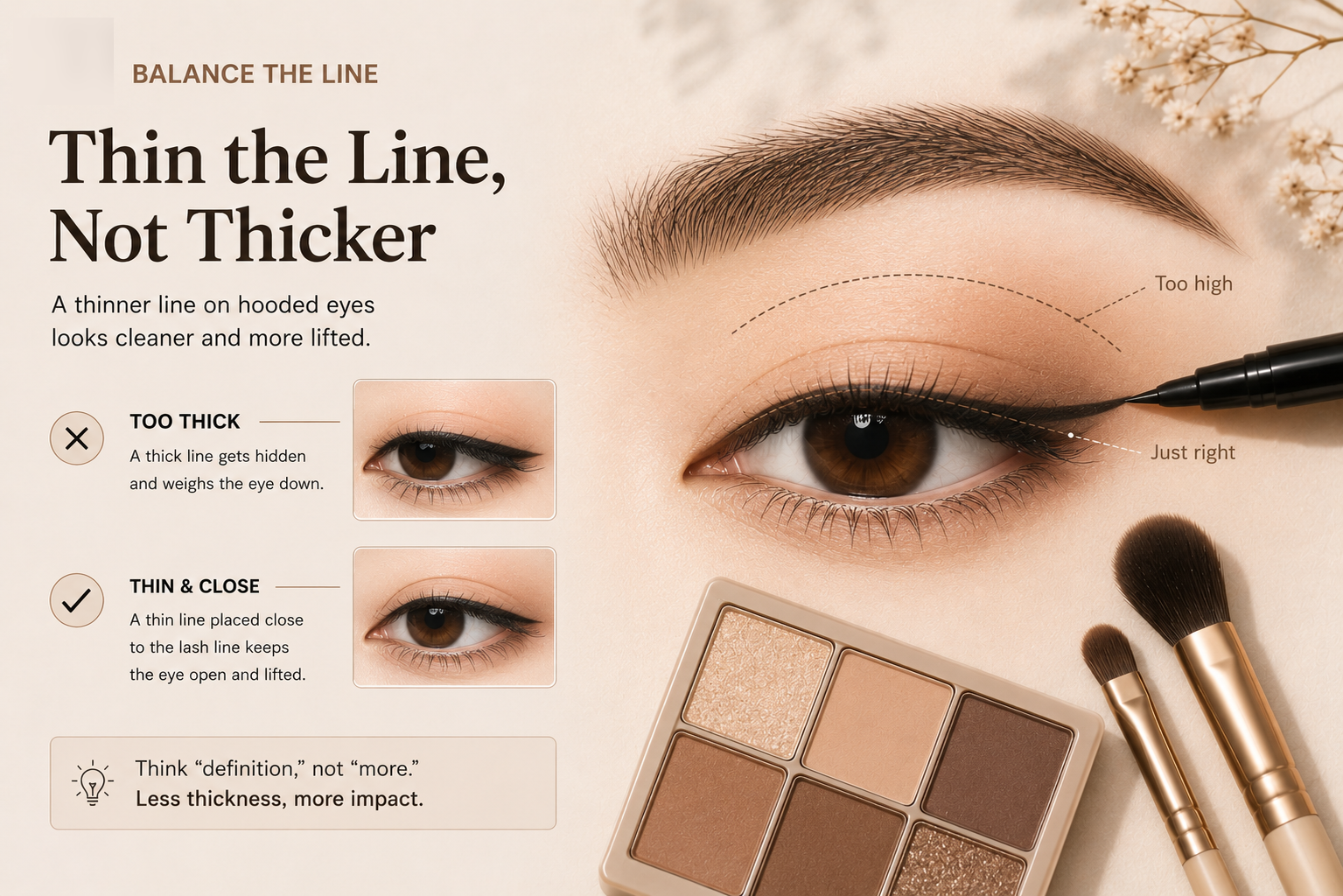 Visual guide showing why a thin eyeliner line stays cleaner than a thick heavy line.