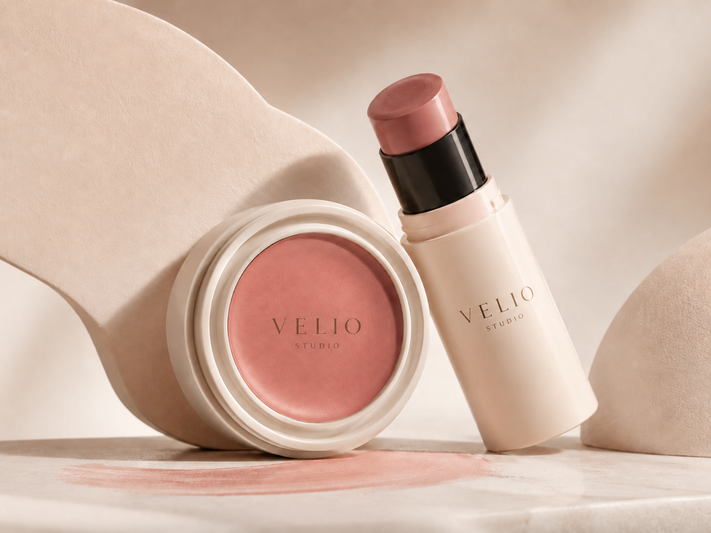 Unbranded VELIO-style cream color visual with cream blush pot and color stick.