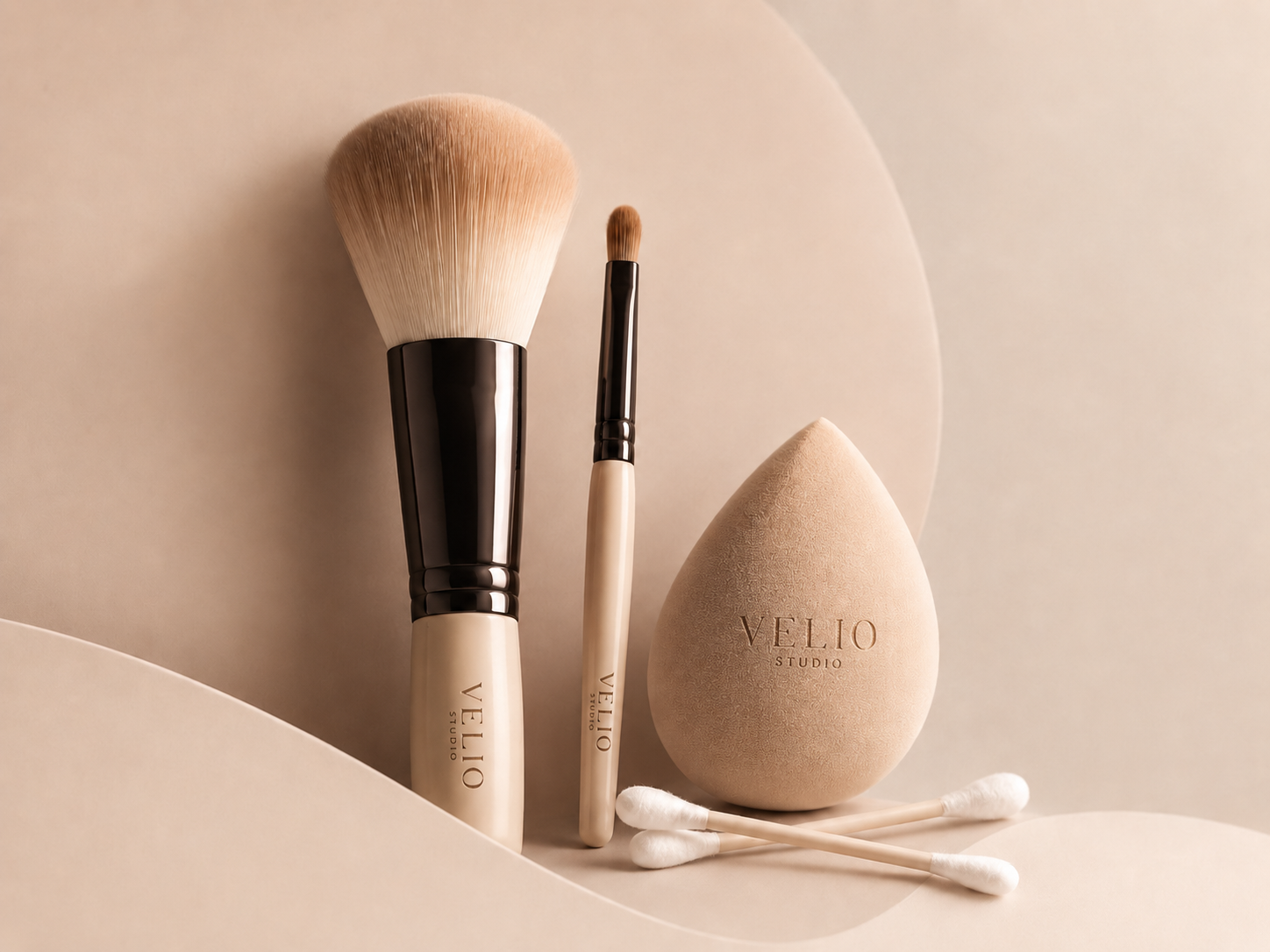 Unbranded VELIO-style detail tools visual with brushes, sponge and cotton swabs.