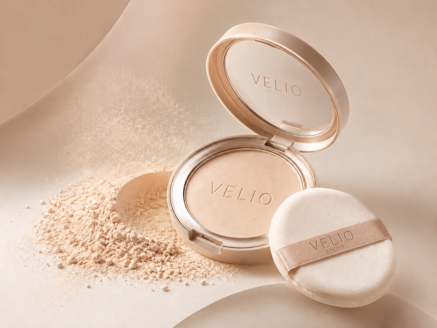 Unbranded VELIO-style soft-set powder visual with compact, powder and puff.